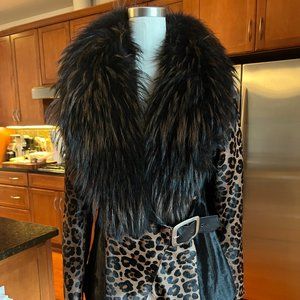 Leopard leather asymmetrical jacket with raccoon fur collar